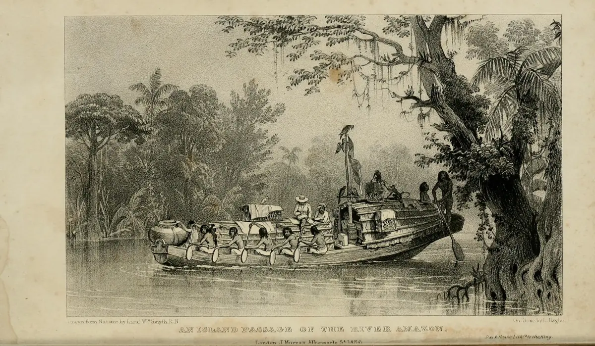 An 1836 print of a boat passing an island on the Amazon